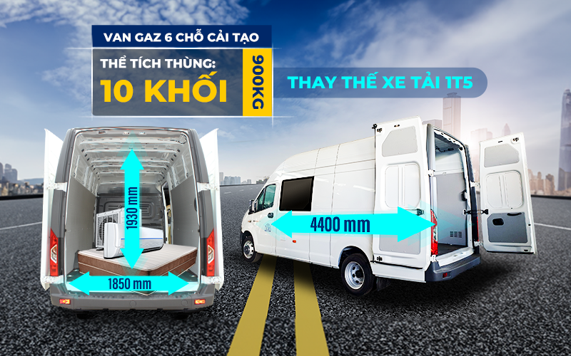 Kích thước xe van Gaz 6 chỗ 900kg
